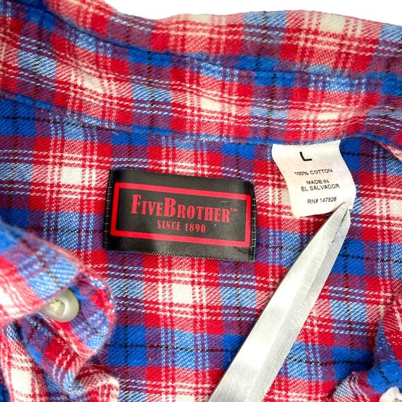 Five Brother Shirt Mens L Large Red Blue Plaid Flannel Button Up Long Sleeve - Picture 2 of 5